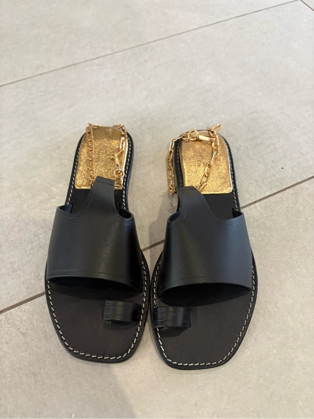 Sandro Leather Slide Sandals with Gold Chain Accent